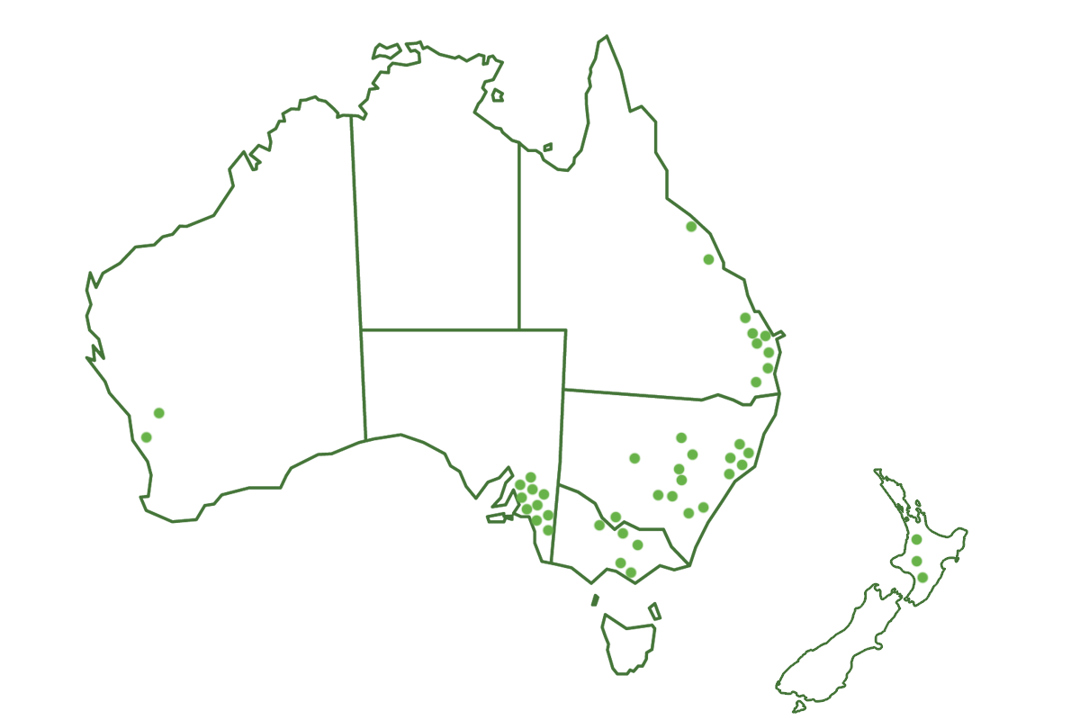 Map of ElectraGlobe project locations across Australia and New Zealand