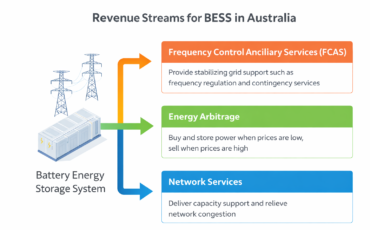 Diagram showing how Battery Energy Storage Systems generate revenue through FCAS and energy arbitrage in Australia