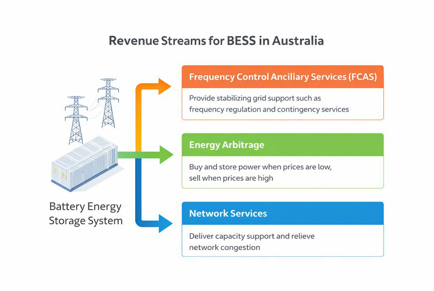 Diagram showing how Battery Energy Storage Systems generate revenue through FCAS and energy arbitrage in Australia